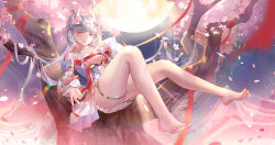 1girl absurdres bare_legs bare_shoulders barefoot breasts cherry_blossoms chinese_clothes cleavage closed_mouth collarbone colored_eyelashes detached_sleeves dress earrings eastern_dragon_horns feet fingernails flower flower-shaped_pupils hair_flower hair_ornament hand_up hanfu highres horns jewelry jinhsi_(peach_blossom)_(wuthering_waves) jinhsi_(wuthering_waves) legs long_hair looking_at_viewer missing_commentary mole mole_on_cheek multicolored_dress no_shoes offering_hand official_alternate_costume pink_dress pink_flower pink_horns pink_petals pink_pupils small_breasts smile smll233 solo symbol-shaped_pupils thighlet toes tree very_long_hair white_dress white_eyelashes white_eyes white_hair white_sleeves wuthering_waves