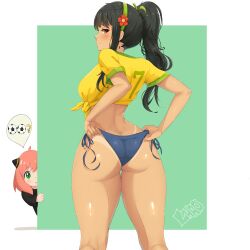 2girls absurdres anya_(spy_x_family) back ball bare_legs black_hair blue_shorts blush brazil brazilian_flag brazilian_flag_print brazilian_miku brazilian_miku_(cosplay) breasts cosplay feet flag_print flower from_behind green_eyes guarana_antarctica hair_flower hair_ornament hatsune_miku highres large_breasts legs long_hair looking_at_viewer looking_back multiple_girls pink_hair ponytail red_eyes shirt short_shorts shorts soccer_ball spy_x_family tan tanline tied_shirt two-tone_background vocaloid yellow_shirt yor_briar