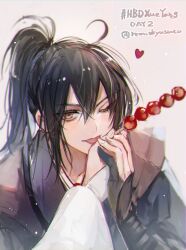 2boys ;p ahoge bishounen black_hair black_hanfu chinese_clothes english_text food gloves hair_between_eyes hanfu heart holding holding_food holding_hands licking long_hair long_sleeves looking_at_viewer male_focus modao_zushi multiple_boys one_eye_closed partially_fingerless_gloves ponytail pov pov_hands rakkyhappy simple_background solo_focus tanghulu tongue tongue_out twitter_username upper_body wide_sleeves xue_yang yaoi yellow_eyes