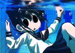 1girl air_bubble black_eyes black_hair bubble caustics explosion_psycho highres long_sleeves medium_skirt neckerchief no_pupils open_mouth original pool red_neckerchief refraction sailor_collar school_uniform serafuku shirt skirt solo tiles underwater white_shirt