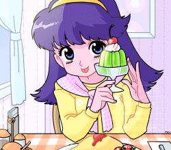 Rule 34 | 1girl, blue eyes, cherry, cherry tomato, colored skin, curtains, eyelashes, food, fruit, fujishima moyu, gelatin, hairband, highres, holding, holding food, long hair, looking at viewer, napkin, neckerchief, omelet, original, pink neckerchief, pink skin, purple hair, shirt, solo, tablecloth, tomato, tongue, tongue out, window, yellow hairband, yellow shirt