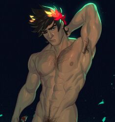 1boy abs arm_up armpit_hair black_hair black_pubic_hair chest_hair colored_sclera commentary completely_nude cowboy_shot english_commentary green_eyes groin hades_(series) hades_1 heterochromia holding holding_sword holding_weapon laurel_crown looking_at_viewer male_focus male_pubic_hair mismatched_sclera muscular muscular_male nipples nude pectorals pubic_hair red_eyes short_hair solo sword thedamnthinguy thick_eyebrows weapon zagreus_(hades)