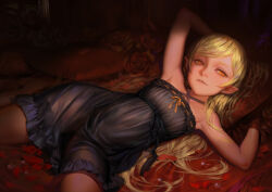 Rule 34 | 1girl, alphonse (white datura), armpits, arms up, bakemonogatari, bare shoulders, bed, black panties, blonde hair, cameltoe, camisole, closed mouth, commentary, eyelashes, flower, frills, highres, lingerie, long hair, looking at viewer, lying, marble (toy), monogatari (series), on back, orange eyes, oshino shinobu, panties, petals, photoshop (medium), pillow, pointy ears, revision, ribbon, rose, rose petals, see-through clothes, smile, solo, underwear