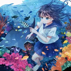 1girl absurdres air_bubble airo_128 barefoot blue_eyes blue_hair blue_sailor_collar blue_skirt blush bubble coral fish highres long_hair open_mouth original pleated_skirt sailor_collar school_uniform shirt short_sleeves skirt smile stingray swimming teeth underwater water white_shirt