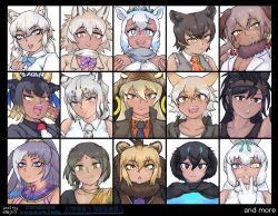 6+girls :&lt; :o animal_ears arm_up ascot barbary_lion_(kemono_friends) bare_shoulders basilosaurus_isis_(kemono_friends) bindi black_border black_hair black_sports_bra blonde_hair blue_eyes blue_hair bobcat_(kemono_friends) border bow bowtie breasts bridle brown_eyes brown_hair brown_thoroughbred_(kemono_friends) cat_ears cleavage closed_mouth collared_jacket collared_shirt cow_ears cow_horns coyote_(kemono_friends) crying crying_with_eyes_open dark-skinned_female dark_skin dated drill_hair drill_sidelocks earrings elbow_gloves empty_eyes expressionless extra_ears facial_mark fang fangs finger_to_mouth fins fossa_(kemono_friends) fur_scarf gharial_(kemono_friends) gloves goshingyu-sama_(kemono_friends) green_eyes grey_hair hair_between_eyes hair_bun hairband hand_up head_fins head_tilt heterochromia high_collar highres hoop_earrings horizontal_pupils horns horse_ears jacket japan_racing_association jewelry kemono_friends kemono_friends_3 king_cobra_(kemono_friends) large_breasts light_blush lion_ears lips long_hair looking_at_viewer looking_up multicolored_eyes multicolored_hair multiple_girls neck_ring necktie north_island_giant_moa_(kemono_friends) open_mouth orange_ascot orange_eyes paraceratherium_(kemono_friends) parted_lips plaid_bow plaid_bowtie plaid_clothes rabbit_ears raised_inner_eyebrows rhinoceros_ears saja_(166j357) scarf shirt short_hair sidelocks simple_background single_hair_bun sleeveless sleeveless_shirt slit_pupils smile sports_bra straight-on superb_bird-of-paradise_(kemono_friends) sweater_vest tan tears transvaal_lion_(kemono_friends) tsukuyomi_shinshi_(kemono_friends) tundra_wolf_(kemono_friends) twintails two-tone_hair upper_body white_background white_eyes white_hair white_shirt wing_collar wolf_ears yawning yellow_eyes