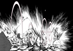 10s 1girl commentary destruction female_focus fur_collar greyscale halftone head_wings jacket kaya_(nari1-24) kemono_friends long_sleeves miniskirt monochrome motion_blur neck_ribbon pleated_skirt ribbon scarlet_ibis_(kemono_friends) screaming shockwave short_hair skirt solo sonic_boom_(speed) spot_color standing v_arms wings