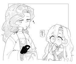 Rule 34 | 2girls, 37 (reverse:1999), :o, ?, ancient greek clothes, braces, choker, coat, creature, daku k, eating, fairy, gloves, greco-roman clothes, greyscale, hair between eyes, hand on own chin, hand up, highres, holding, holding creature, inset border, lineart, long hair, looking at another, monochrome, multiple girls, outside border, reverse:1999, sparkle, speech bubble, spoken question mark, toga, tooth fairy (reverse:1999), white background
