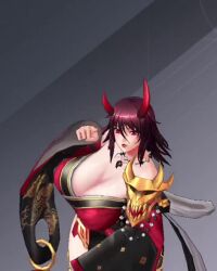 1girl 3d action_taimanin alternate_costume animated bare_legs bare_shoulders bouncing_breasts breasts curvy dress fake_horns fingernails hair_ornament hanging_breasts horns huge_breasts japanese_clothes kimono lilith-soft looking_at_viewer mizuki_shiranui nail_polish official_alternate_costume open_mouth revealing_clothes ryona shiny_skin short_dress sideboob smile solo sound standing taimanin_(series) taimanin_yukikaze talking underwear video wide_hips