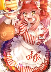 1girl absurdres animal_ear_fluff animal_ears animal_hands banana bell blush breasts carhop cat_paws cleavage collar collarbone dress eshima_yu fang fate/grand_order fate_(series) food fox_ears fox_girl fox_tail fruit gloves hair_between_eyes hair_ribbon highres jingle_bell large_breasts long_hair looking_at_viewer neck_bell open_mouth paw_gloves pink_hair ponytail ribbon solo strawberry striped_clothes striped_dress tail tamamo_(fate) tamamo_cat_(fate) tamamo_cat_(lostroom_outfit)_(fate) visor_cap yellow_eyes