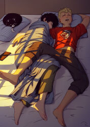 2boys absurdres amamiya_ren barefoot black_fur black_hair black_pants blanket blonde_hair blush cellphone closed_eyes commentary drooling english_commentary highres lying midriff_peek morgana_(cat)_(persona_5) morgana_(persona_5) multiple_boys navel on_back on_bed pants persona persona_5 phone pillow print_shirt raphodraws red_shirt sakamoto_ryuuji shirt short_hair sleeping smartphone sweatpants t-shirt two-tone_fur under_covers white_fur window_shadow yaoi