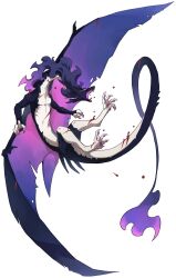 black_horns black_scales bleeding blood claws dragon facial_mark from_side highres horns mane midair monster monster_focus mudosa multiple_horns multiple_wings no_humans original pawpads purple_fur purple_wings scar simple_background solo spines tail white_background white_eyes white_scales wings