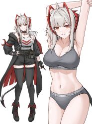 1girl absurdres antenna_hair arknights armpits arms_up black_boots black_coat black_shorts black_thighhighs boots bra breasts cleavage coat commentary controller demon_girl demon_horns demon_tail gongbangmanchi_(daisy_cutter) grey_bra grey_hair grey_panties high-waist_shorts highres holding holding_remote_control horns large_breasts looking_at_viewer multicolored_hair multiple_views navel orange_eyes panties remote_control shorts stomach stretching tail tank_top thighhighs underwear w_(arknights) white_tank_top