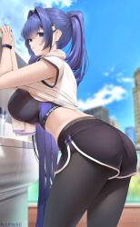1girl alternate_costume ass azur_lane black_pantyhose black_shorts blue_eyes blue_hair blue_nails blue_sky blurry blurry_background breasts closed_mouth fouriasensei from_side hair_intakes hair_ornament highres huge_ass large_breasts long_hair looking_at_viewer looking_to_the_side nail_polish new_jersey_(azur_lane) outdoors pantyhose ponytail short_shorts short_sleeves shorts sideboob sky smile solo sweat thighs towel