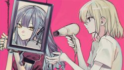 2girls aunt_and_niece bang_dream! bang_dream!_it&#039;s_mygo!!!!! blonde_hair blue_hair bound bound_wrists commentary_request doll doll_joints hair_dryer hair_ribbon highres jewelry joints medium_hair misumi_uika multiple_girls nutella_1231 portrait purple_eyes red_shirt ribbon ring shirt simple_background smile togawa_sakiko two_side_up white_shirt yellow_eyes