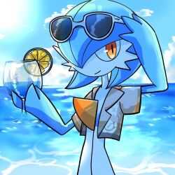 Rule 34 | alternate color, blue hair, blue skin, blue sky, bob cut, cloud, colored skin, drink, eyewear on head, floral print, gardevoir, gen 3 pokemon, hair over one eye, hand on headwear, holding, holding drink, looking at viewer, mikanbouzuuu, multicolored skin, nintendo, ocean, orange eyes, pokemon, pokemon (creature), shiny pokemon, sky, smile, sunglasses, two-tone skin, water, white skin