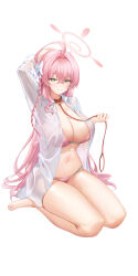 1girl absurdres ahoge bikini bikini_under_clothes blue_archive blush breasts cleavage collar green_eyes halo hanako_(blue_archive) hanako_(swimsuit)_(blue_archive) highres large_breasts long_hair long_sleeves looking_at_viewer navel pink_bikini pink_hair raurashun smile solo swimsuit