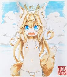 1girl :d ahoge animal_ear_fluff animal_ears ball beachball bikini blonde_hair blue_eyes blue_sky blush cloud commentary_request dated facing_viewer fangs flat_chest fox_ears fox_girl highres kazekiri long_hair looking_at_viewer marker_(medium) micro_bikini navel open_mouth original outdoors paper_texture paw_print side-tie_bikini_bottom sky smile solo stamp_mark swimsuit traditional_media