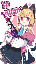 Rule 34 | 1girl, :3, absurdres, animal ear headphones, animal ears, battle rifle, black jacket, black skirt, black tail, black thighhighs, blonde hair, blue archive, blue necktie, bow, buttons, cat ear headphones, cat ears, cat tail, character name, closed mouth, collared shirt, commentary request, cowboy shot, dutch angle, fake animal ears, fake tail, frilled jacket, frilled skirt, frills, gun, h&amp;k g3, hair bow, halo, headphones, highres, holding, holding gun, holding weapon, hood, hood down, hooded jacket, jacket, long sleeves, looking at viewer, low-tied sidelocks, momoi (blue archive), multicolored jacket, necktie, outline, parted bangs, pink background, pink eyes, pink halo, pink jacket, pleated skirt, red bow, rifle, sasami (user hjwc8354), school uniform, shirt, short hair, short necktie, sidelocks, simple background, skirt, smile, solo, suspender skirt, suspenders, tail, thighhighs, two-tone background, unbuttoned, unbuttoned jacket, v-shaped eyebrows, weapon, white background, white jacket, white outline, white shirt