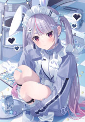 1girl animal_ears animal_print apron bandaid bandaid_on_leg blunt_bangs blush bow box broken_heart_print candy cattleya_regina_games checkered_floor drinking_straw ear_piercing earrings fake_animal_ears food gradient_hair grey_hair grey_jacket grey_shoes hair_bow hair_ornament hairband hairclip hand_on_own_face heart highres hugging_own_legs jacket jersey_maid jewelry jimmy_madomagi kneehighs light_smile lollipop long_hair long_sleeves looking_at_viewer maid maid_headdress milk_carton multicolored_hair picture_frame piercing pixel_heart purple_hair rabbit_ears rabbit_print rocket shoes sidelocks sitting sleeves_past_fingers sleeves_past_wrists sneakers socks star_(symbol) stool streaked_hair string_of_light_bulbs tile_floor tiles toaster tosaki_mimi tosaki_mimi_(4th_costume) tray turtleneck turtleneck_jacket twintails unconventional_maid very_long_hair virtual_youtuber vspo! white_apron