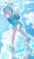 1girl :d ^_^ absurdres arona_(blue_archive) blue_archive blue_hair blue_halo blue_serafuku blue_sky closed_eyes cloud colored_inner_hair halo highres holding holding_umbrella midriff multicolored_hair open_mouth outdoors pink_hair qianyuu_(senba) reflection school_uniform serafuku short_hair skirt sky smile solo standing two-tone_hair umbrella white_skirt