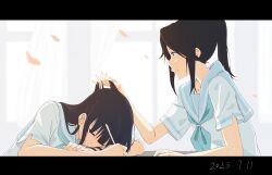 2girls black_hair blue_neckerchief blue_sailor_collar hand_in_another&#039;s_hair hibike!_euphonium highres indoors kasaki_nozomi kitauji_high_school_uniform liz_to_aoi_tori long_hair multiple_girls neckerchief ponytail sailor_collar school_uniform serafuku shirt short_sleeves white_shirt yao_(yaocccc98) yoroizuka_mizore yuri