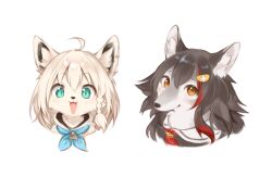 Rule 34 | :3, absurdres, ahoge, animal, animal ear fluff, animal ear piercing, animal focus, animalization, black hair, blue neckerchief, braid, closed mouth, clothed animal, cropped shoulders, fox, green eyes, hair ornament, highres, hololive, long hair, looking at viewer, multicolored hair, neckerchief, no humans, ookami mio, ookami mio (1st costume), open mouth, sailor collar, shirakami fubuki, shirakami fubuki (1st costume), simple background, single braid, smile, streaked hair, string, string of fate, sukemyon, two-tone hair, virtual youtuber, white background, white hair, white sailor collar, wolf