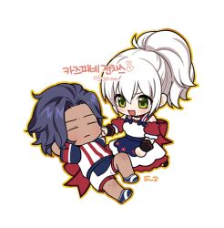 1boy 1girl chibi couple grabbing_another&#039;s_face green_eyes head_grab lessojin mabinogi nap pihne red_ribbon ribbon white_hair