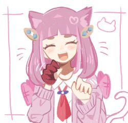 1girl animal_ears bad_id bad_twitter_id cardigan cat_ears cat_tail closed_eyes eyelashes facing_viewer gloves hair_ornament hairclip han0579 lacey_(pokemon) long_sleeves neckerchief nintendo open_mouth partially_fingerless_gloves paw_pose pink_cardigan pink_hair pokemon pokemon_sv red_gloves red_neckerchief single_glove solo tail teeth upper_body upper_teeth_only