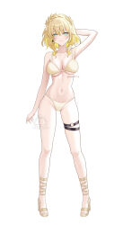 1girl absurdres aglaea_(honkai:_star_rail) arm_behind_head armpits bei_(baozhii) blonde_hair breasts commentary_request full_body green_eyes highres honkai:_star_rail honkai_(series) large_breasts laurel_crown navel o-ring sandals short_hair simple_background solo stomach thigh_strap toes white_background