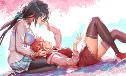 2girls absurdres apron aqua_bow aqua_eyes black_hair black_pantyhose black_thighhighs bow breast_press breast_rest breasts breasts_on_head collared_shirt couple dress falling_petals frilled_dress frills from_side hair_bow hand_in_another&#039;s_hair hand_on_another&#039;s_cheek hand_on_another&#039;s_face hand_on_another&#039;s_forehead highres hood hooded_jacket jacket lap_pillow large_breasts long_sleeves looking_at_another low_ponytail lying mary_janes michairu multiple_girls on_back open_clothes open_jacket open_mouth pantyhose petals pink_jacket plaid_clothes plaid_skirt pleated_skirt ponytail profile red_dress red_eyes red_hair red_shoes seiza shirt shoes single_horizontal_stripe sitting skirt smile sneakers split_ponytail thighhighs thighs tougou_mimori tree white_shoes yuri yuuki_yuuna yuuki_yuuna_wa_yuusha_de_aru yuusha_de_aru