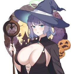 1girl :o absurdres ardinassau black_dress blue_archive blue_eyes blush breasts cleavage dress ghost green_halo halloween halo hat highres holding holding_staff jack-o&#039;-lantern large_breasts long_sleeves open_mouth plunging_neckline pumpkin purple_hair saki_(blue_archive) short_hair solo staff witch_hat