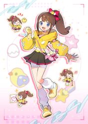 1girl :d ;d baby_animal bag bird blue_eyes bow brown_hair chibi chick chick_hair_ornament collar commentary_request cropped_jacket egg hair_bow happy highres holding indie_virtual_youtuber jacket long_hair looking_at_viewer loose_socks mizutani_megumi multiple_views music musical_note notice_lines one_eye_closed open_mouth pink_bag piyolily pleated_skirt ponytail red_bow shoes shorts shorts_under_skirt shoulder_bag sidelocks singing skirt smile socks teeth tongue upper_teeth_only virtual_youtuber white_socks yellow_collar yellow_jacket yellow_shoes