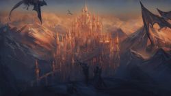 2boys above_clouds armor aymeric_de_borel bridge city cloud dragon dragoon_(final_fantasy) elezen elf estinien_varlineau fantasy final_fantasy final_fantasy_xiv flying from_behind grave highres horizon lance mountain mountainous_horizon multiple_boys orange_sky pauldrons pointy_ears polearm scenery shield shoulder_armor sky spire standing sukly temple_knight_(ff14) tombstone tower weapon