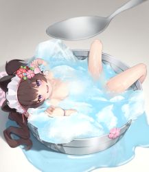 1girl bananafish1111 blue_archive blush brown_hair completely_nude flat_chest flower food hair_flower hair_ornament highres in_food long_hair looking_at_viewer lying maid_headdress mini_person minigirl nude on_back partially_submerged pink_flower purple_eyes red_flower shaved_ice shizuko_(blue_archive) shizuko_(swimsuit)_(blue_archive) smile solo spoon water wet