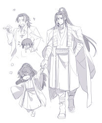 1girl 3boys absurdres aged_down angry arm_behind_back beard_stubble blunt_bangs boots carrying carrying_under_arm chinese_clothes chinese_commentary cigar closed_eyes closed_mouth coat coat_on_shoulders collared_shirt facial_hair facial_scar fang full_body furrowed_brow greyscale half_updo hanfu high_ponytail highres holding holding_cigar hong_lu_(project_moon) jia_qiu_(project_moon) lei_heng_(project_moon) limbus_company long_hair long_sleeves looking_at_another looking_down mikan_ckc monochrome multiple_boys mustache_stubble open_mouth ponytail popped_collar project_moon ryoshu_(project_moon) sash scar scar_on_cheek scar_on_face scarf shirt smile stubble wide_sleeves xiao_guan_(headdress)