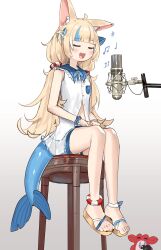 1girl absurdres advarcher animal_ears blonde_hair blue_hair cat_ears closed_eyes crab fins fish_girl fish_tail full_body hair_ornament hair_scrunchie highres indie_virtual_youtuber microphone multicolored_hair music musical_note one_side_up open_mouth sameko_saba sandals scrunchie simple_background singing sitting sleeveless solo stool streaked_hair tail white_background wrist_scrunchie