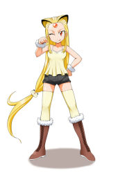 1girl blonde_hair boots costume female_focus gen_1_pokemon jouwan long_hair nintendo one_eye_closed persian personification pokemon red_eyes shorts solo thighhighs very_long_hair wink zettai_ryouiki