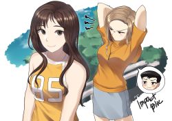 2girls annoyed arms_behind_head arms_up black_hair blonde_hair blush blush_stickers breasts brown_hair closed_mouth commentary_request initial_d long_hair looking_at_viewer looking_to_the_side medium_breasts multiple_girls nakazato_takeshi rktsm satou_mako sayuki_(initial_d) shirt short_sleeves skirt sleeveless sleeveless_shirt smile speech_bubble standing thought_bubble