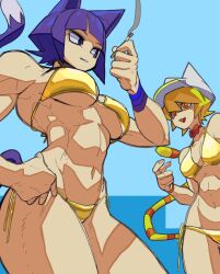 2girls animal_ears bikini blonde_hair blue_background blue_eyes blue_hair blue_tail bone_nigi breasts cat_ears cat_girl cat_tail cattail catty_(bone_nigi) cigarette cowboy_shot gold_bikini golden_week golden_week_bikini hand_on_own_hip hand_up hat highres holding holding_cigarette kurogai_(bone_nigi) multiple_girls navel open_mouth orange_eyes original plant short_hair slit_pupils striped_tail swimsuit tail toned toned_female