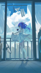 1girl absurdres balcony banjie barefoot blue_hair blue_sky building cityscape clothes_lift cloud cloudy_sky cumulonimbus_cloud day dress dress_lift electric_fan eyeball fanning_crotch from_side glasses half_updo heart heart_of_string highres long_hair original panties scenery sky skyscraper sleeveless sleeveless_dress smile solo third_eye underwear unworn_panties white_dress white_panties