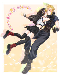 1boy 1girl absurdres armor arms_around_neck baggy_pants bare_shoulders belt belt_buckle bike_shorts_under_skirt birthday black_gloves black_hair black_skirt black_thighhighs blonde_hair blue_eyes blush boots border brown_boots brown_gloves buckle character_name closed_eyes cloud_strife commentary_request crop_top elbow_gloves final_fantasy final_fantasy_vii final_fantasy_vii_remake fingerless_gloves floating_hair flower full_body gloves happy_birthday highres hug jumping long_hair low-tied_long_hair midriff mizuamememe multiple_belts open_mouth outside_border pants pink_flower red_boots short_hair shoulder_armor skirt sleeveless sleeveless_turtleneck spiked_hair suspender_skirt suspenders sweatdrop sweater tank_top thighhighs three_quarter_view tifa_lockhart turtleneck turtleneck_sweater white_border white_tank_top