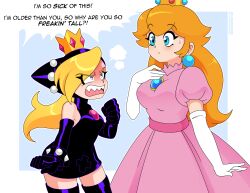 Rule 34 | &gt;:(, 2girls, absurdres, angry, bare shoulders, black dress, black gloves, blonde hair, blue brooch, blue eyes, blue gemstone, boots, bracelet, breasts, clenched hand, crown, dress, earrings, elbow gloves, eyelashes, gem, gloves, hair between eyes, hair over one eye, hand on own chest, head steam, height conscious, height difference, highres, hood, hood up, hooded dress, jealous, jewelry, large breasts, latex, latex dress, leather dress, mario (series), mario power tennis, mario tennis, medium breasts, mini crown, multiple girls, nico-neko, nintendo, parted lips, petite, pink brooch, pink dress, pink gemstone, princess peach, puffy short sleeves, puffy sleeves, purple dress, purple gloves, sharp teeth, short dress, short sleeves, shouting, sleeveless, sleeveless dress, sphere earrings, spiked bracelet, spikes, teeth, thigh boots, v-shaped eyebrows, warupeach, white gloves, x cutout