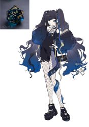 1girl arin_(fanfan013) bag bare_shoulders black_bag black_bow black_choker black_dress black_hair black_pantyhose black_shoes blue_eyes blue_eyeshadow blue_hair blue_jacket blue_ribbon blue_sleeves bow chinese_commentary choker commentary_request cross cross-laced_clothes cross-laced_sleeves cross_necklace dice dress eyeshadow fishnet_pantyhose fishnets footwear_bow full_body gradient_clothes gradient_hair gradient_jacket gradient_sleeves hair_ribbon hand_on_own_chin hand_on_own_hip highres jacket jewelry lace lace-trimmed_dress lace_trim long_hair long_sleeves looking_at_viewer makeup mary_janes multicolored_hair necklace one_eye_closed open_clothes open_jacket open_mouth original pantyhose personification puffy_long_sleeves puffy_sleeves reference_inset ribbon shoes short_dress shoulder_bag side_slit simple_background sleeveless sleeveless_dress smile solo spiked_anklet spiked_choker spiked_shoes spikes tentacles tongue twintails twitter_username v very_long_hair white_background