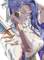1girl blue_eyes blue_hair dark-skinned_female dark_skin fire_emblem fire_emblem_heroes glasses greyscale heimdallr_(fire_emblem) highres holding holding_megaphone lipstick looking_at_viewer makeup megaphone monochrome nintendo short_hair simple_background smile solo tagme tiara tsujii_luki upper_body