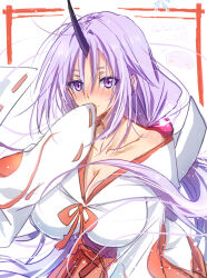 Rule 34 | 1girl, 1other, akatsuki (ggsy7885), blush, breasts, cleavage, closed mouth, collarbone, commentary request, hair between eyes, hakama, hakama skirt, highres, horns, japanese clothes, kimono, kosode, large breasts, long hair, miko, off shoulder, oni, purple eyes, purple hair, red ribbon, red skirt, ribbon, ribbon-trimmed sleeves, ribbon trim, rimuru tempest (slime), shion (tensura), single horn, skirt, solo focus, tensei shitara slime datta ken, twitter username, upper body, very long hair, white background, white kimono