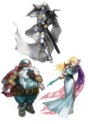 1990s_(style) 1girl 2boys armor blonde_hair blue_eyes cape cecil_harvey cid_pollendina final_fantasy final_fantasy_iv final_fantasy_iv:_the_after_years hammer moreshan multiple_boys robe rosa_farrell sheath staff sword unsheathing weapon white_hair