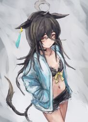 1girl :/ ahoge animal_ears bikini bikini_shorts black_bikini black_choker black_hair black_shorts blue_jacket choker collarbone crossed_bangs ear_tag earrings ears_down flat_chest grey_hair hair_between_eyes hands_in_pockets horse_ears horse_girl horse_tail jacket jewelry light_frown long_hair long_hair_between_eyes manhattan_cafe_(umamusume) multicolored_hair navel open_clothes open_jacket shorts single_earring solo swimsuit tail umamusume very_long_hair yanagi_wakana yellow_eyes