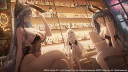 3girls alcohol animal_ears august_von_parseval_(azur_lane) azur_lane banned_artist black_leotard blue_hair breasts chair character_request cleavage collarbone crossed_legs english_text fake_animal_ears fireworks graf_zeppelin_(azur_lane) high_heels highres hinaki_(hinaki_0102) large_breasts leotard long_hair looking_at_viewer multiple_girls official_art peter_strasser_(azur_lane) playboy_bunny rabbit_ears sitting straight_hair strapless strapless_leotard twintails very_long_hair white_hair wings