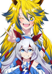 Rule 34 | 2girls, absurdres, arm around shoulder, blonde hair, blue eyes, blue hair, blue hairband, blue jacket, blue shirt, collared shirt, ear covers, fingerless gloves, gakeumi, gloves, gradient hair, grey hair, grin, hairband, headband, highres, horse girl, jacket, lightning bolt symbol, long hair, long sleeves, looking at viewer, multicolored hair, multiple girls, obey your master (umamusume), one eye closed, open clothes, open jacket, open mouth, red headband, shirt, short sleeves, simple background, smile, standing, star-shaped pupils, star (symbol), symbol-shaped pupils, tamamo cross (umamusume), two side up, umamusume, umamusume: cinderella gray, v, v-shaped eyebrows, white background, white gloves, white shirt, wing collar