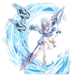 1girl absurdres bare_legs bare_shoulders bikini blue_bikini blue_halo breasts bronya_zaychik bronya_zaychik_(herrscher_of_truth) bronya_zaychik_(seaside_vibes) detached_sleeves drill_hair drone flower frilled_bikini frills full_body green_eyes grey_hair hair_flower hair_ornament halo highres holding holding_polearm holding_weapon homu_(honkai_impact) honkai_(series) honkai_impact_3rd hyume_26 long_hair navel official_alternate_costume polearm sandals small_breasts solo stomach swimsuit thigh_strap toes water weapon white_background